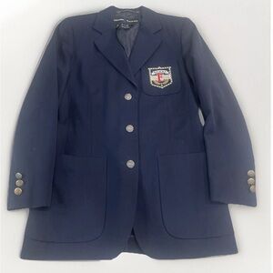 VTG Rare Escada Blazer Women’s Crest Wool Jacket size 34 Navy Blue 100% Wool S-M